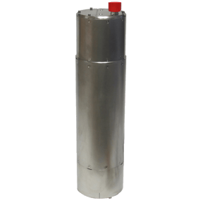 Seismometer with stainless steel metal housing and red protective cap on connector